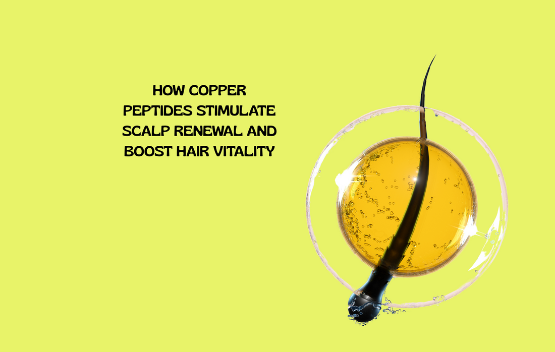 Strands of thick, healthy hair with copper peptide molecules, illustrating the science behind hair growth and strength.