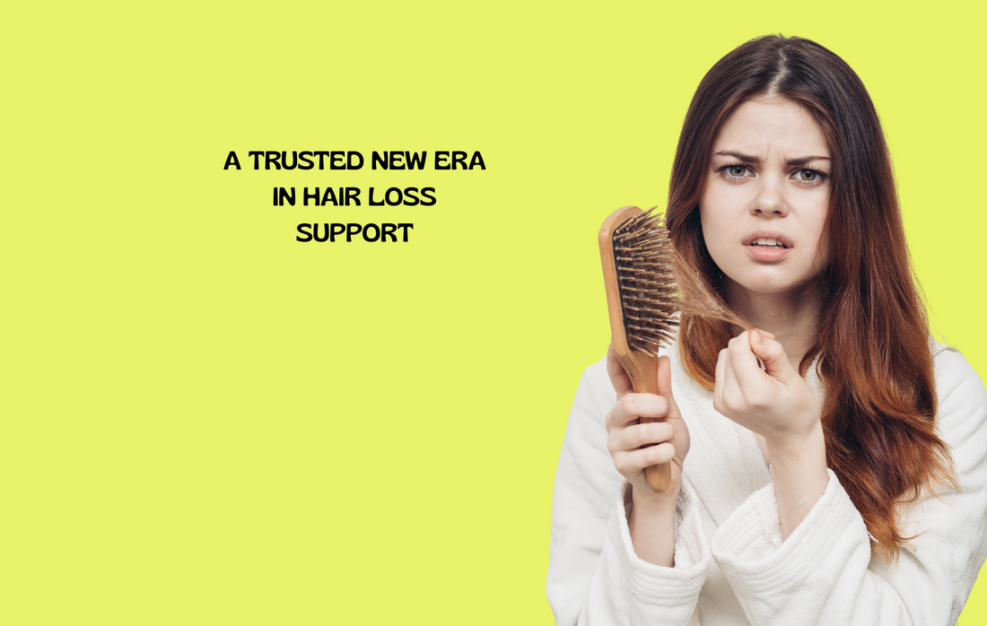 Copper peptide patches next to healthy scalp and hair strands, highlighting treatment for thinning hair and regrowth.