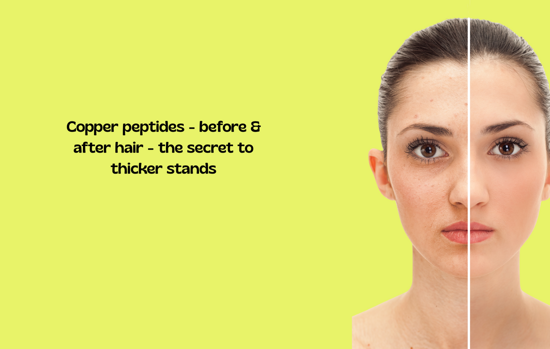 Before and after images of hair thickness with copper peptide visuals, highlighting potential for fuller, thicker strands.