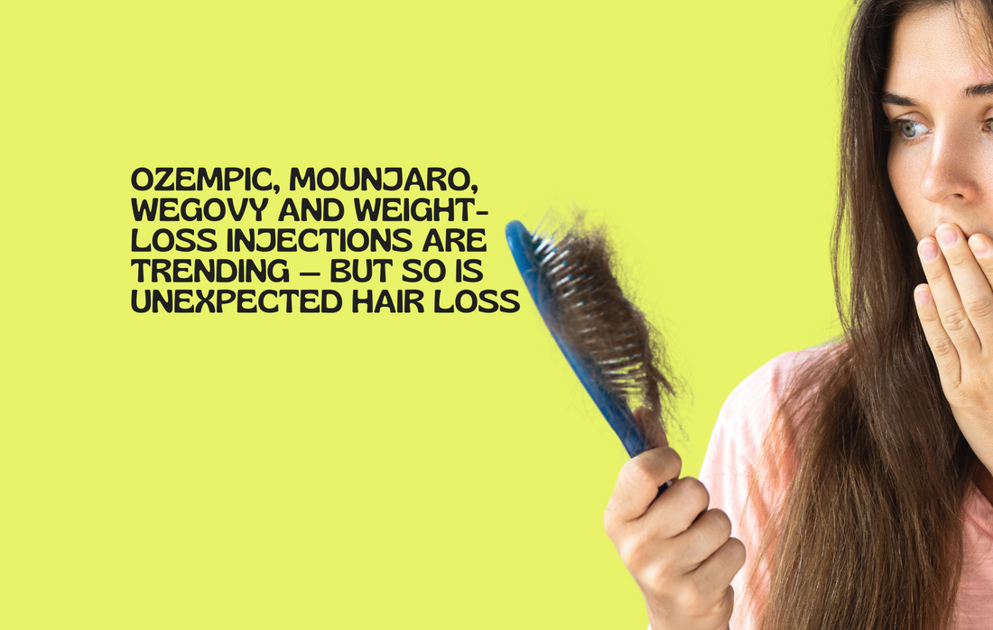 Glow Up copper peptide patch with hair strands, symbolizing support for hair loss caused by skinny jabs.