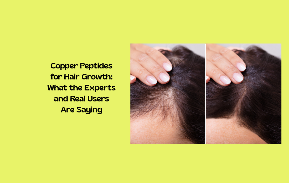 Copper peptide molecules with healthy hair strands, representing expert insights and user experiences on hair growth.