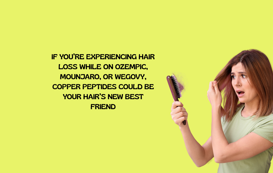 Hair strands falling with Ozempic pill and copper peptides, illustrating hair loss causes and potential solutions.