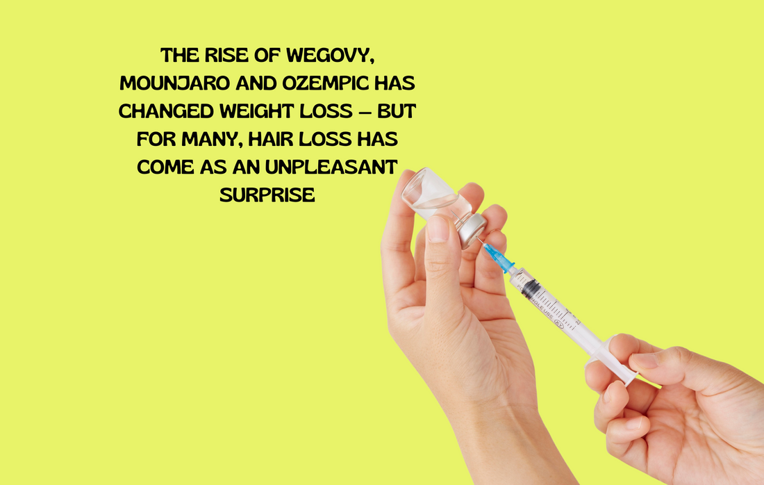 Thinning hair strands beside a Wegovy pen and treatment icons, representing causes and solutions for hair loss.