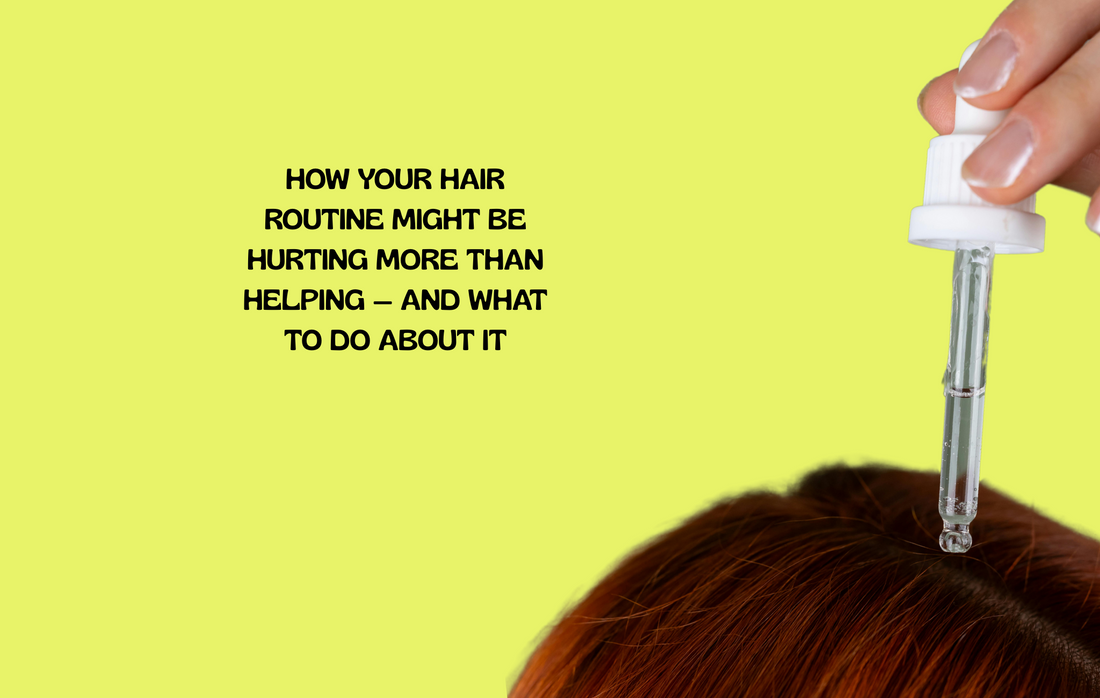 Damaged hair with product residue and copper peptides restoring scalp health and promoting hair regrowth.