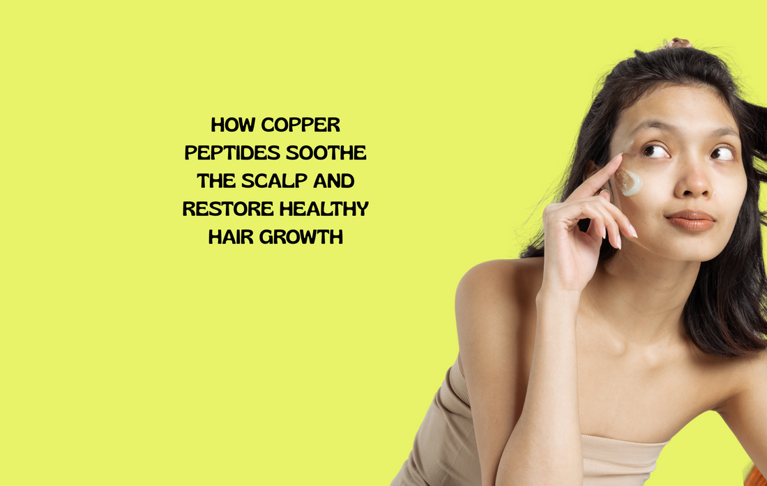 Healthy scalp with hair growth and copper peptide molecules, symbolizing treatment for inflammation-related hair loss.
