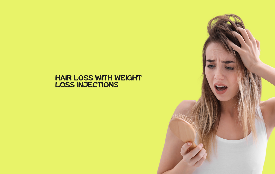 Thinning hair with weight-loss injection pen and Glow Up patch, showing cause of hair loss and a potential solution.