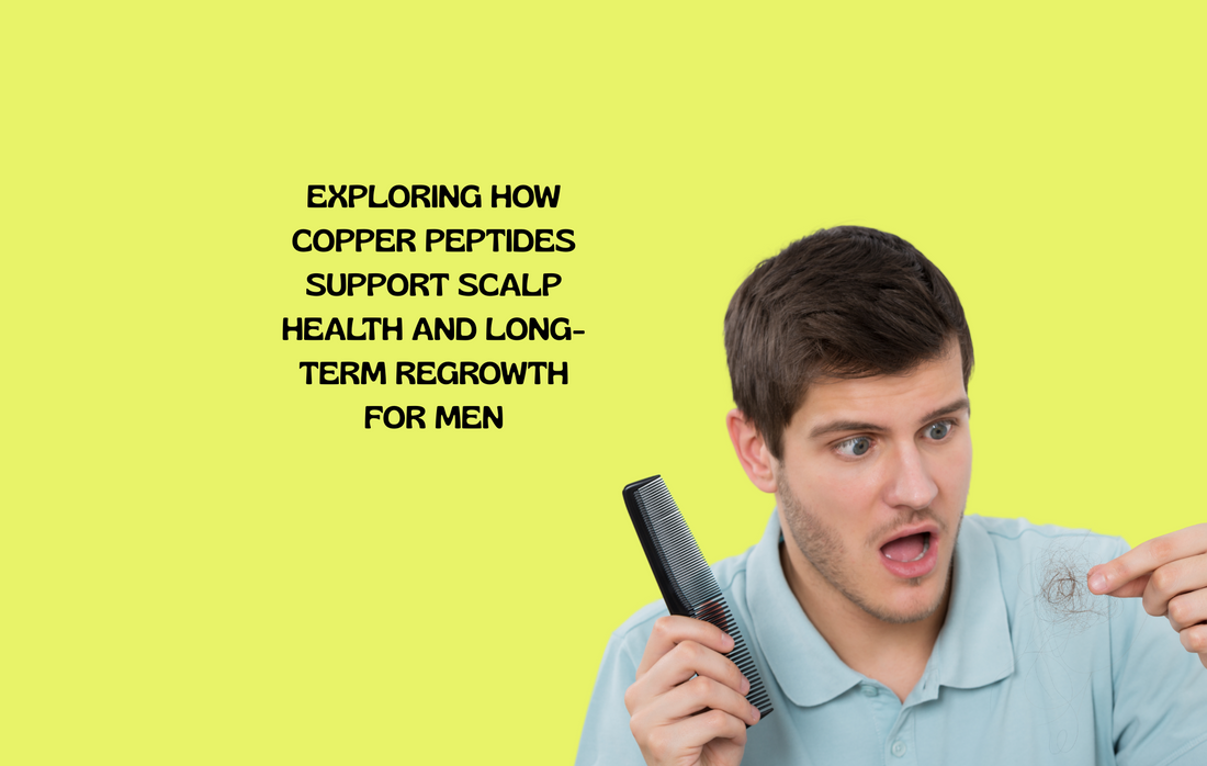 Man with thinning hair and copper peptide molecules, symbolizing natural support for male pattern hair loss.
