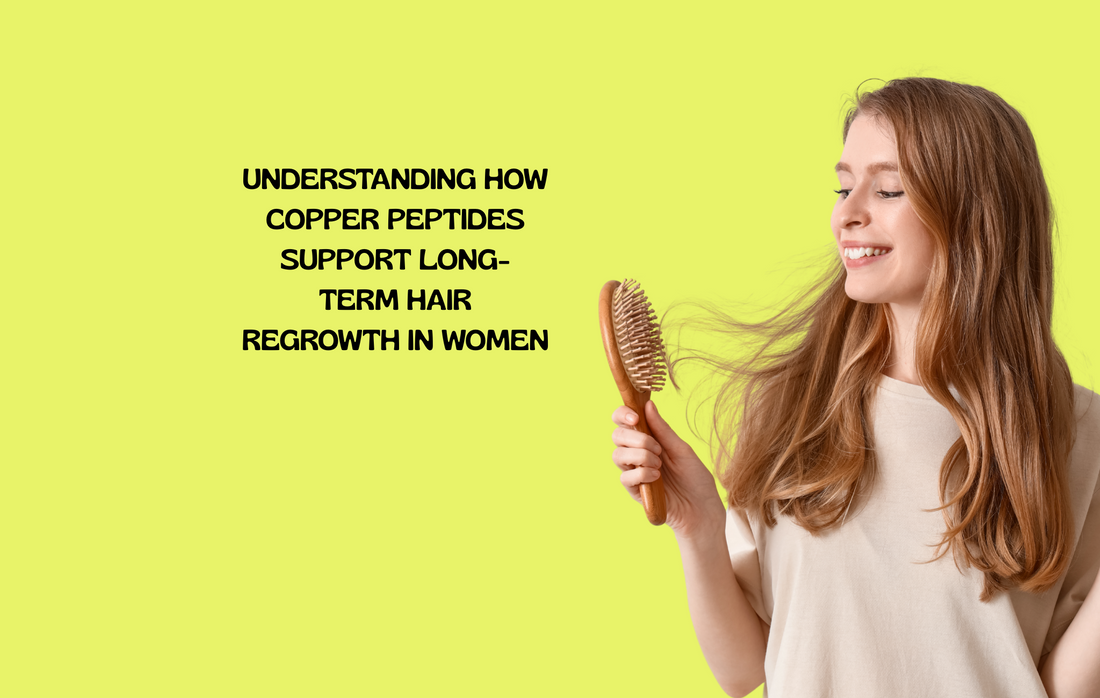 Woman examining thinning hair with copper peptide icons, representing science-backed treatment for female hair loss.