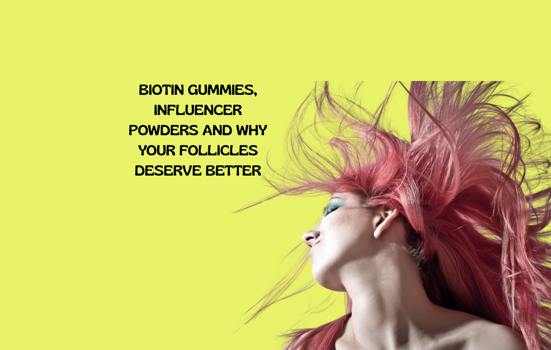 Copper peptides vs. trendy hair supplements, symbolizing a comparison of effectiveness for treating hair loss.