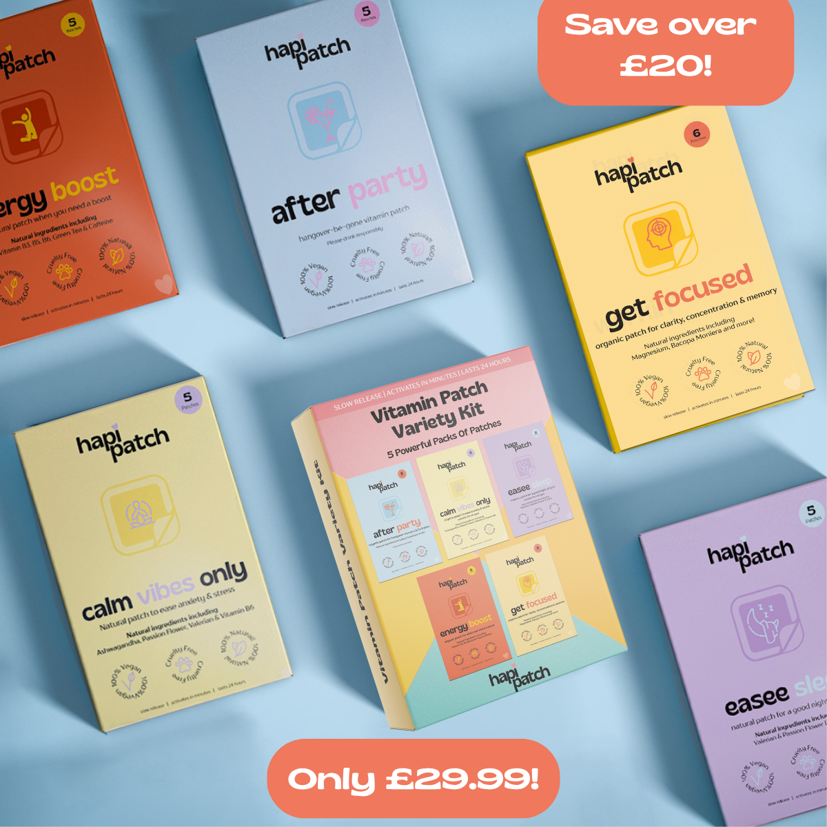 Six Hapi Patch The Vitamin Patch Variety Kit- Save £20! boxes are arranged on a blue surface, with orange banners saying “Save £20!” and “Only £29.99!” Each box features a unique health benefit.