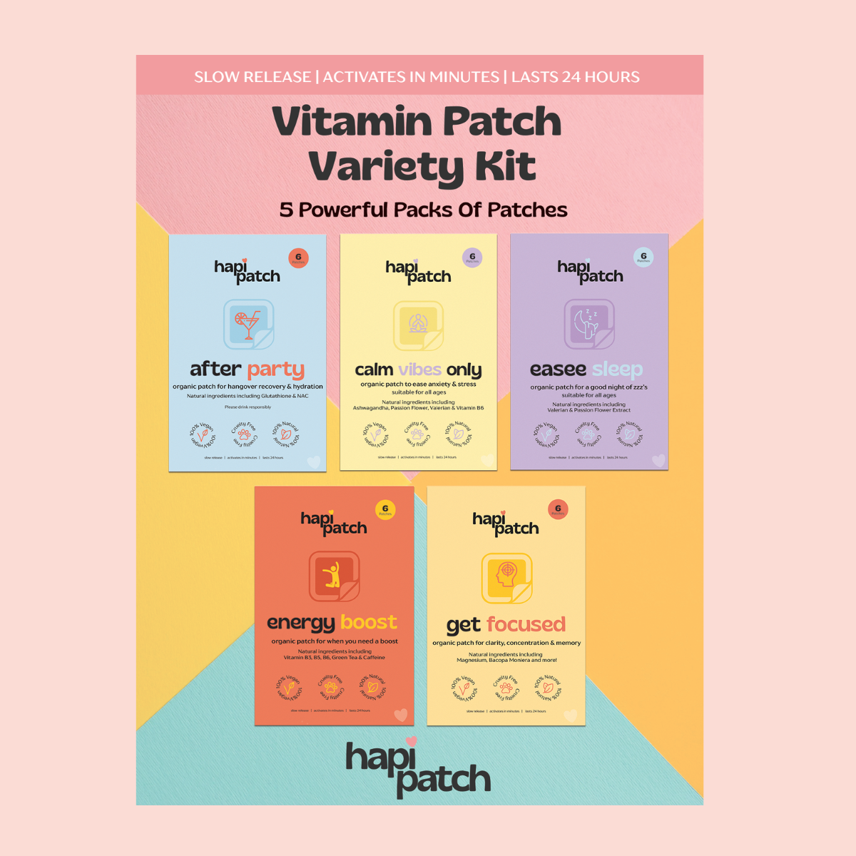 The Vitamin Patch Variety Kit by Hapi Patch—save £20! Includes five patches: After Party, Calm Vibes Only, Ease Sleep, Energy Boost, and Get Focused for stress relief and more—all on a pastel geometric background.