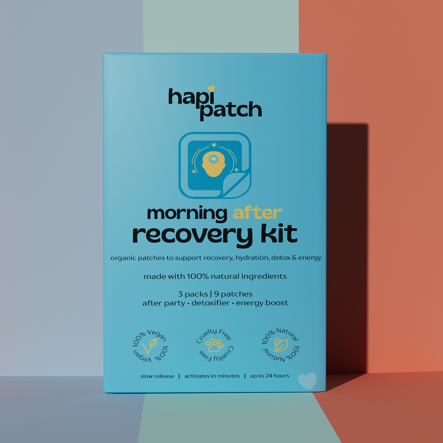 hapi patch morning after recovery kit packaging on a colorful background