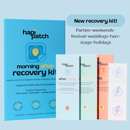hapi patch morning after recovery kit packaging on a light blue background