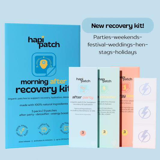 hapi patch morning after recovery kit packaging on a light blue background