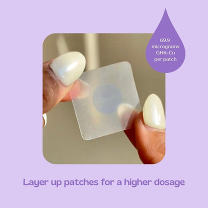 Hand holding a clear adhesive patch with text about dosage on a purple background