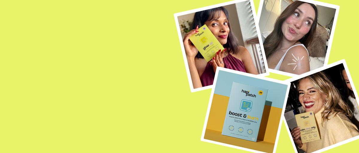 Collage of hapi patch photos: a woman holding a Glow Up pack, a woman with a Calm patch on her upper arm, a Boost & Burn pack and a woman holding a Calm Vibes Only packet with a beautiful smile ad bright yellow jumper.