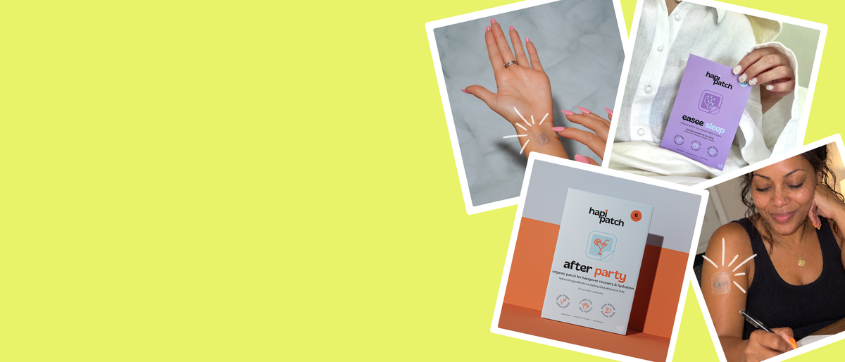 Collage of hapi patch photos: a clear Boost & Burn patch on a wrist, an Easee Sleep pack, an After Party pack and a woman wearing a Calm patch on her arm whilst journalling.