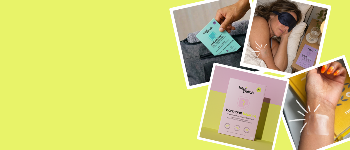 Collage of hapi patch photos: a Cell Revive pack in a gym bag, a woman asleep wearing an easee sleep patch, a Hormone Balance pack and a clear Calm patch on a wrist